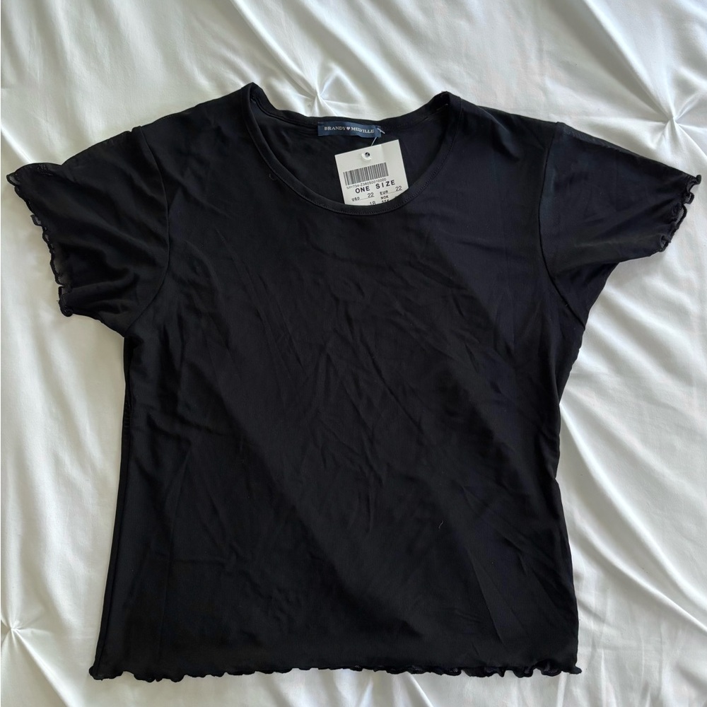 Brandy Melville Black Mesh Ruffle Trim Top